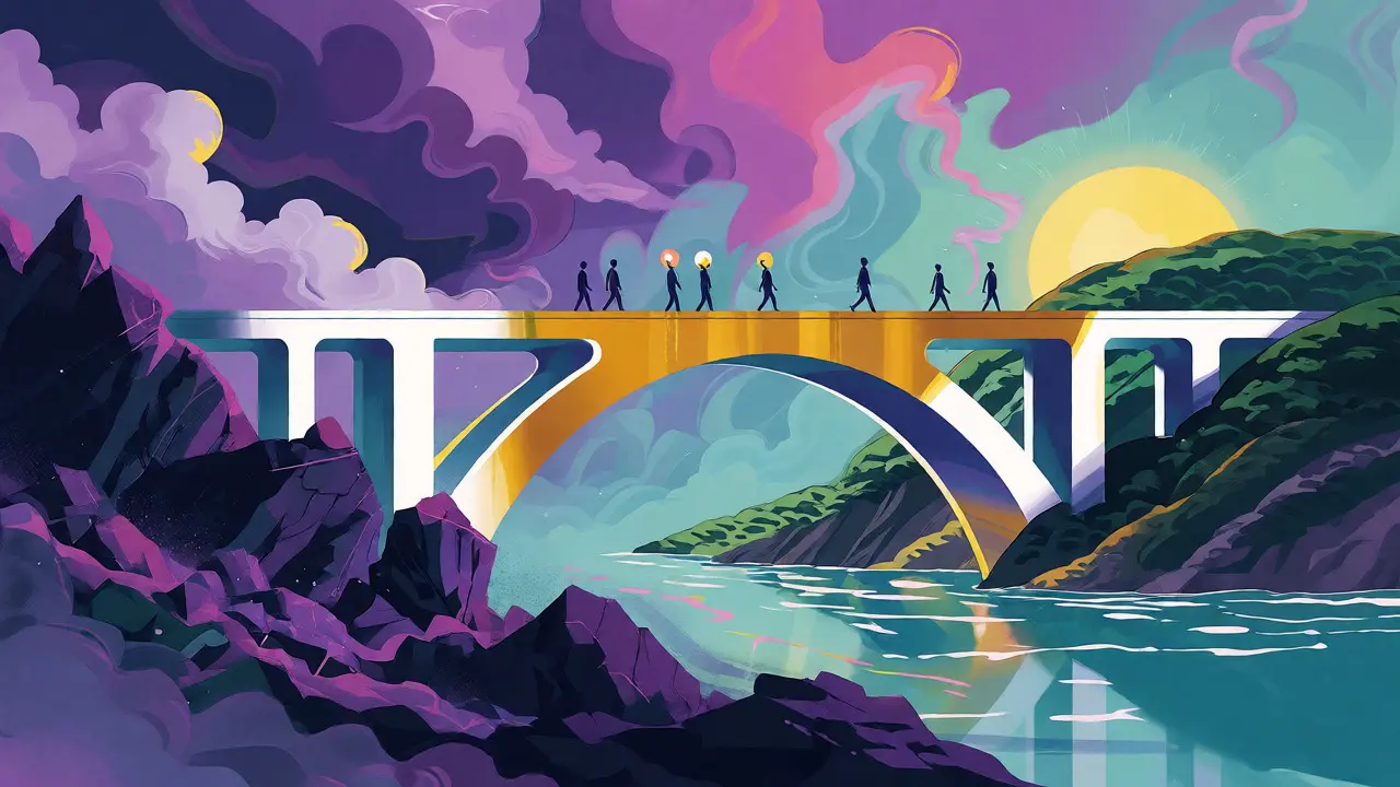 Stylized figures carrying glowing orbs across a golden bridge from chaos to safety in Peter Max illustration style.