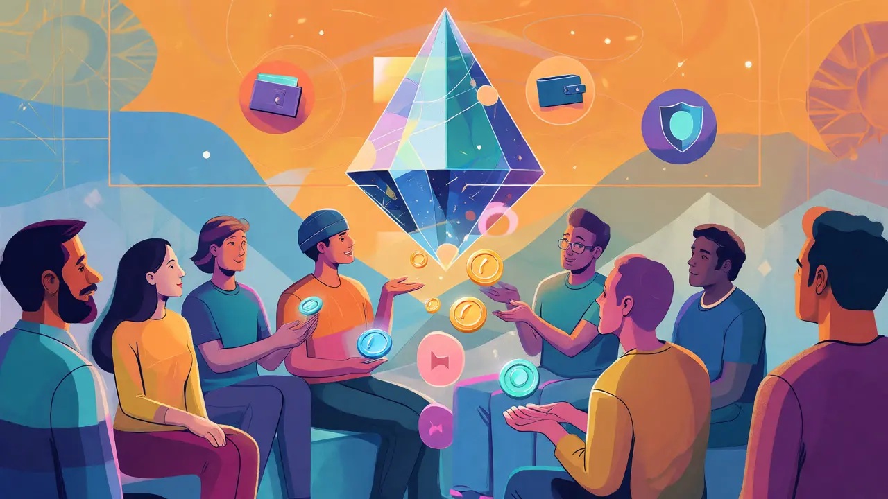 Stylized illustration of community members receiving glowing tokens from the Velas ecosystem crystal.