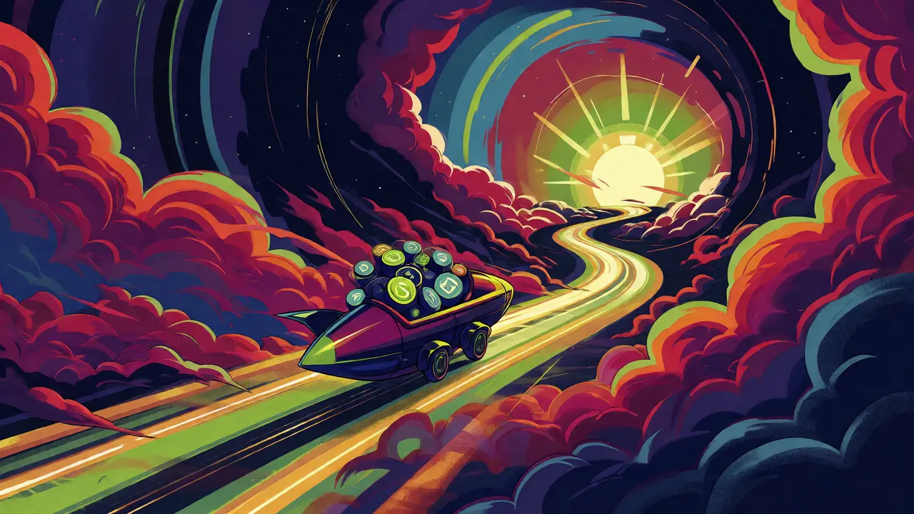 Stylized vehicle carrying crypto through a cosmic tunnel toward a bright future
