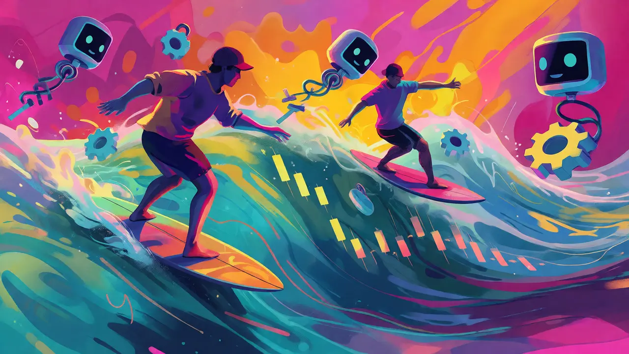 Surfers riding data waves guided by robotic bots, symbolizing automated liquidity management.