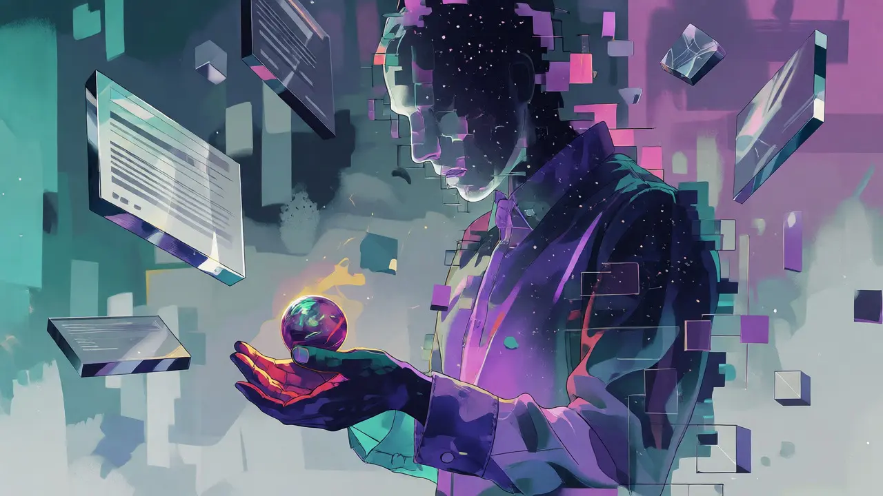 Surreal artwork of a pixelated figure holding a flickering token amidst glass shards.