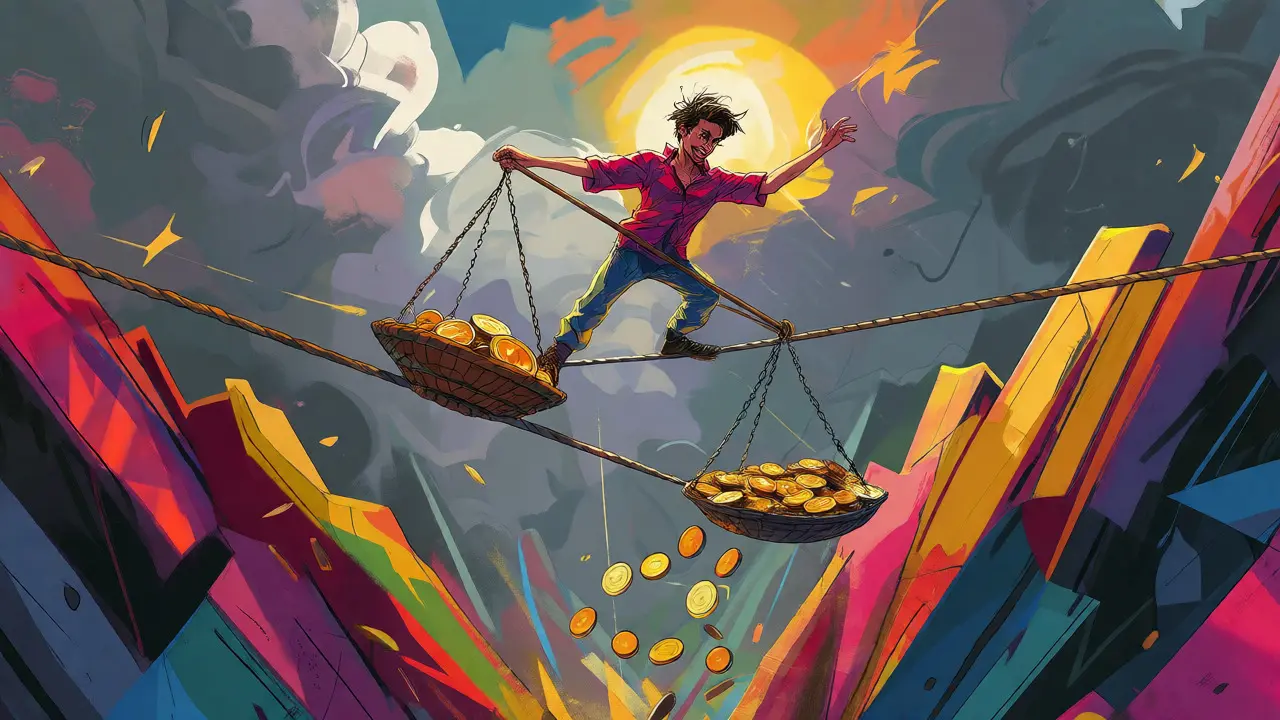 Tightrope walker balancing tokens over a chasm of volatile price shards