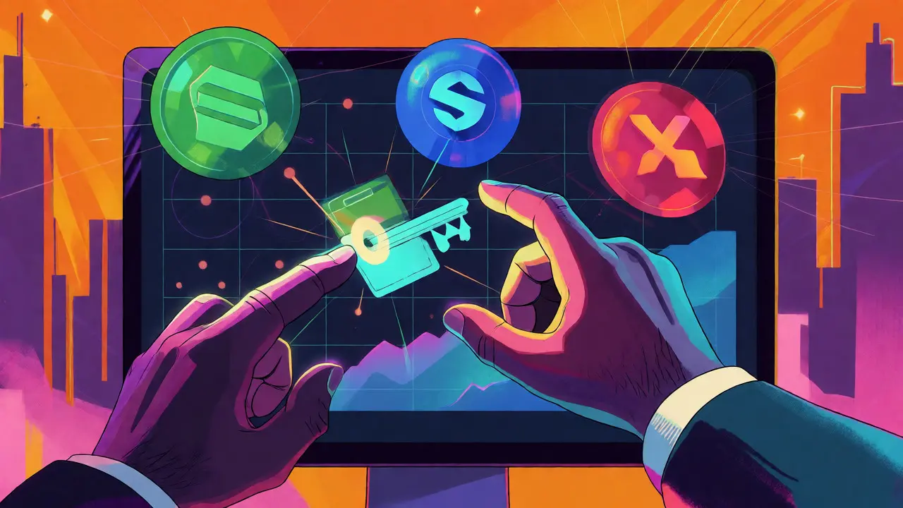 Trader interacting with floating holographic crypto orbs in a vibrant abstract DeFi scene.